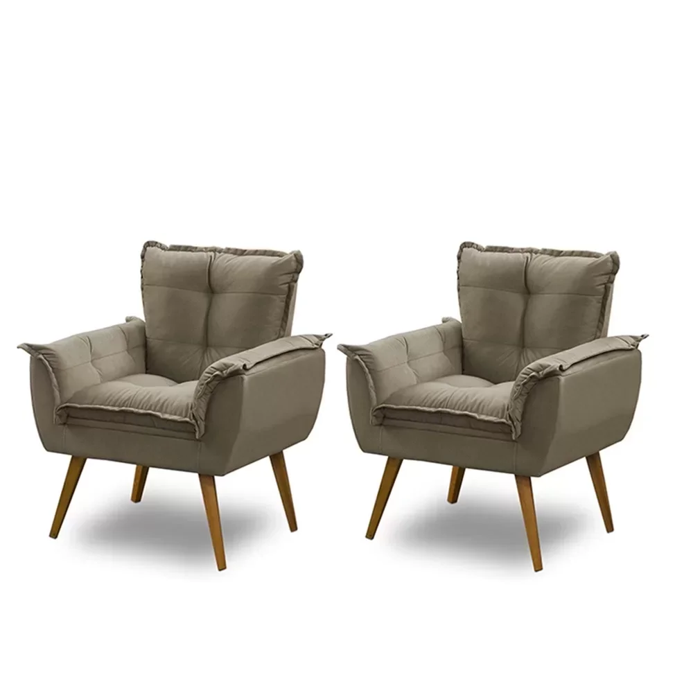 Kit 2 Poltronas Decorativas Opala Pés Palito Suede Capuccino - Tenda House