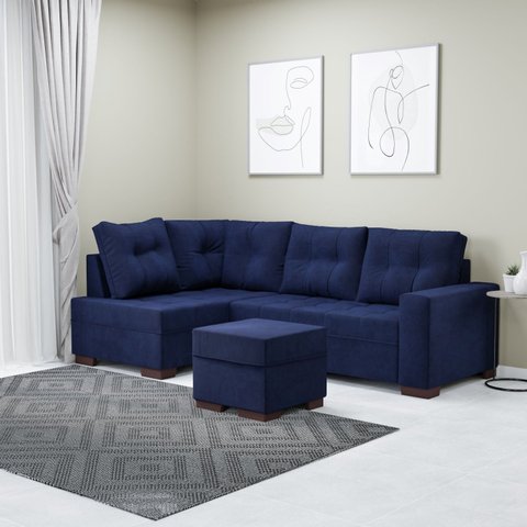 Sofá de Canto 6 Lugares com Chaise 2,38m Industrial Suede Azul Gávea 