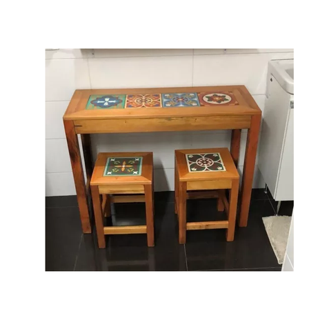 - Jogo Bistrô Banqueta 32x32x45 Cm Madeira e Mesa 100x40x80 Cm Balcão Ladrilho Vintage