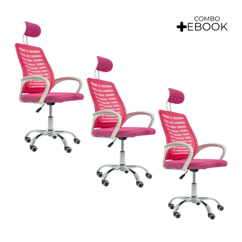 Kit 3 Cadeiras Escritório Diretor Tela Mesh com Encosto de Cabeça Rosa + E-book