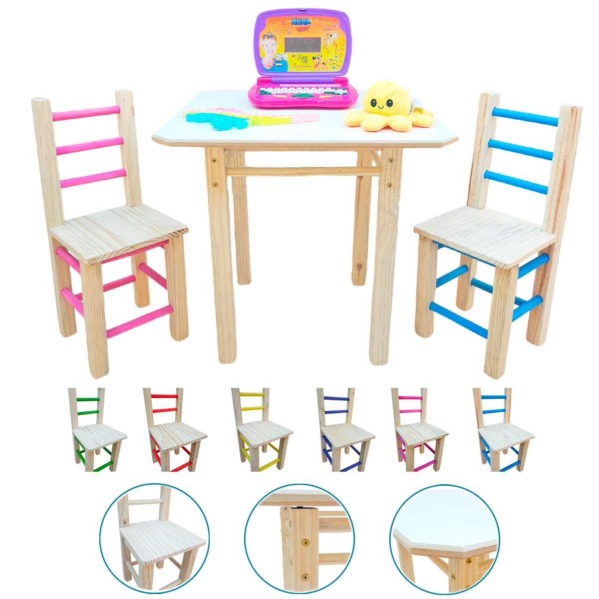 Conjunto de Mesa com 2 Cadeiras Colorida Infantil de Madeira Maciça Resistente - 3