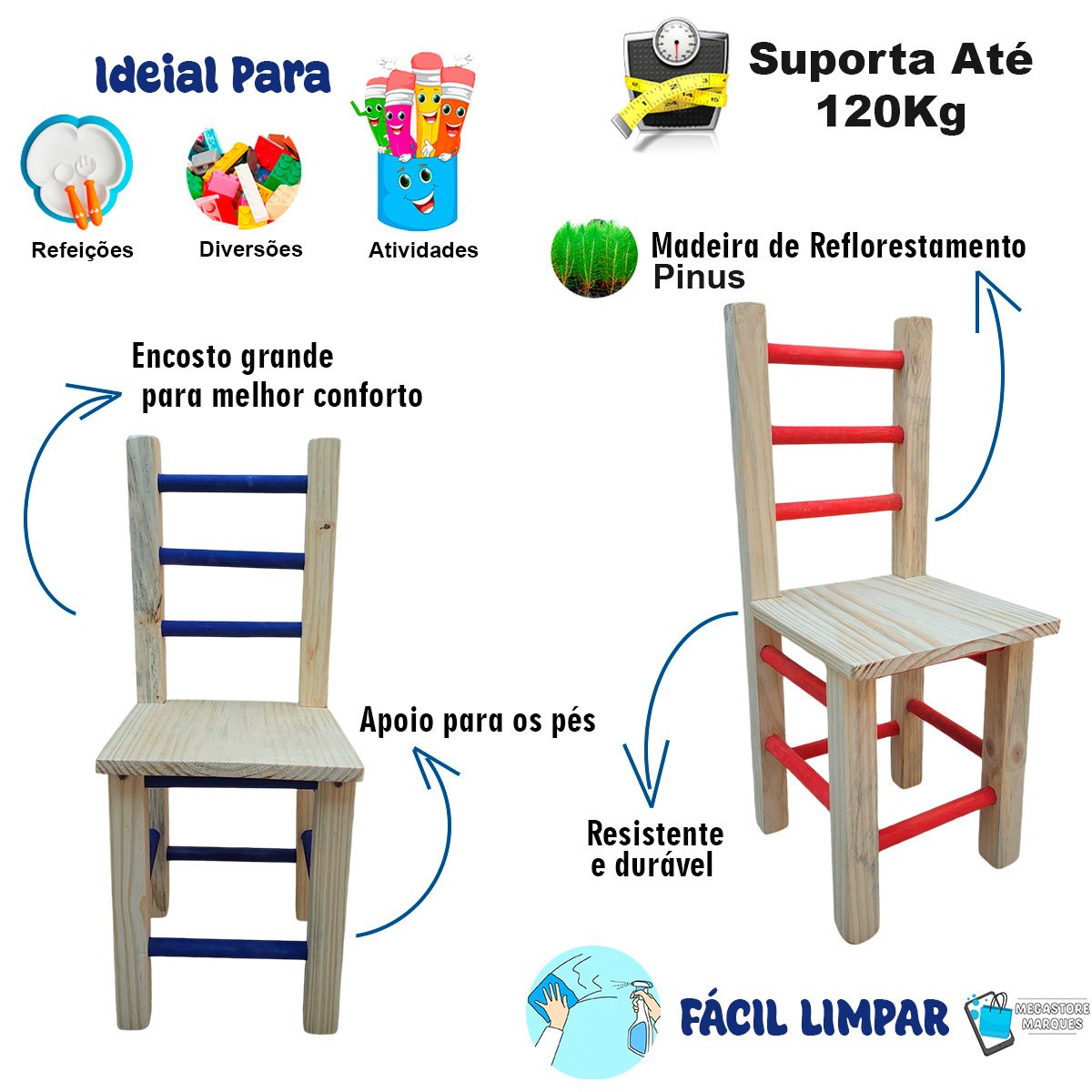 Conjunto de Mesa com 2 Cadeiras Colorida Infantil de Madeira Maciça Resistente - 7