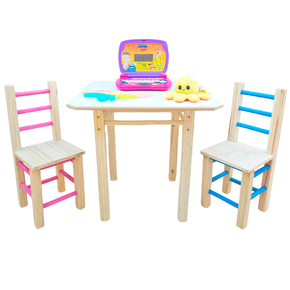 Conjunto de Mesa com 2 Cadeiras Colorida Infantil de Madeira Maciça Resistente