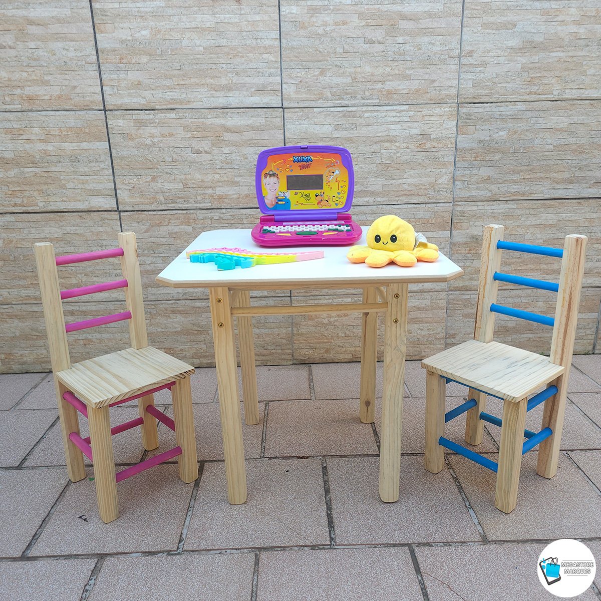 Conjunto de Mesa com 2 Cadeiras Colorida Infantil de Madeira Maciça Resistente - 6