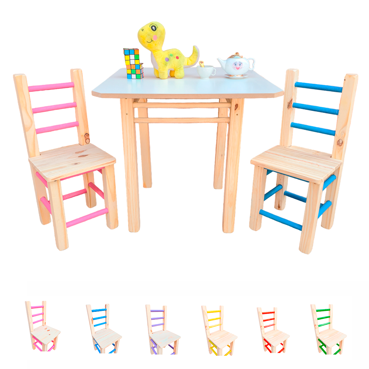 Conjunto de Mesa com 2 Cadeiras Colorida Infantil de Madeira Maciça Resistente - 1