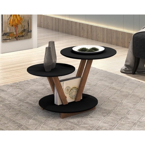 Mesa De Centro Laguna Redonda 2 Andares Decorativa Moderna - Preto