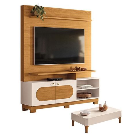 Estante Home Theater Axis Cinamomo Off White com Mesa de Centro Liz Off White - Hb Móveis