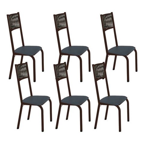Kit 6 Cadeiras Sofia Corino Grafite e Fibra Nautica Preta Tubo Marrom Cafe