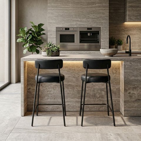 Banqueta Cozinha Média com Encosto Industrial Preto Kit 2 Londres PU Preto D03 - D'Rossi