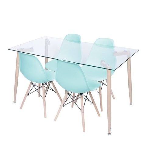 Conjunto de Sala de Jantar Mesa com Tampo de Vidro com 4 Cadeiras Eames