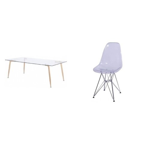 Conjunto de Sala de Jantar Mesa com Tampo de Vidro com 4 Cadeiras com Base de Madeira 