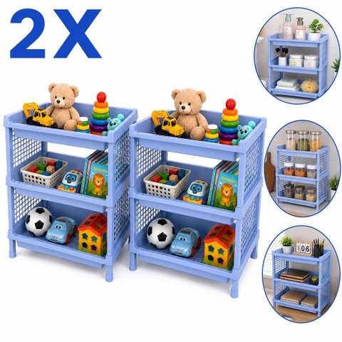 Kit 2 Estante Azul 3 Andares Multiuso Rack Infantil Organizador Brinquedos Prateleiras Modular Frute
