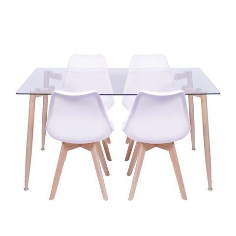Conjunto de Sala de Jantar Mesa com Tampo de Vidro com 4 Cadeiras com Base de Madeira Branco