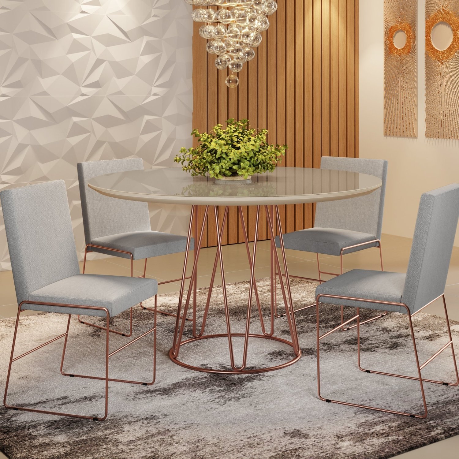 Conjunto Sala de Jantar Mesa 110cm Tampo MDF Laqueado/Vidro com 4 Cadeiras Dubai  - 1