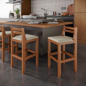 Kit 3 Banquetas em Madeira Maciça Ibiza Ilha 78 Cm - Malbec Assento Off White