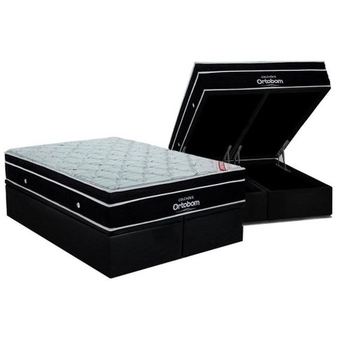 Cama Box Baú Queen: Colchão Molas Ensacadas Ortobom SuperPocket Elegant + Base CRC Suede Black(