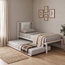 Ver imagem 1 de Cama Solteiro Bruna Estilo Militar 100% Aço Branco com Cama Auxiliar e Cabeceira Estofada Branco