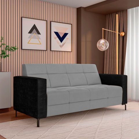 Sofá Living Decorativo Houston 2 Lugares 200cm Pés em Metal Veludo/ Pu Cinza/ Preto G33 - Gran Belo