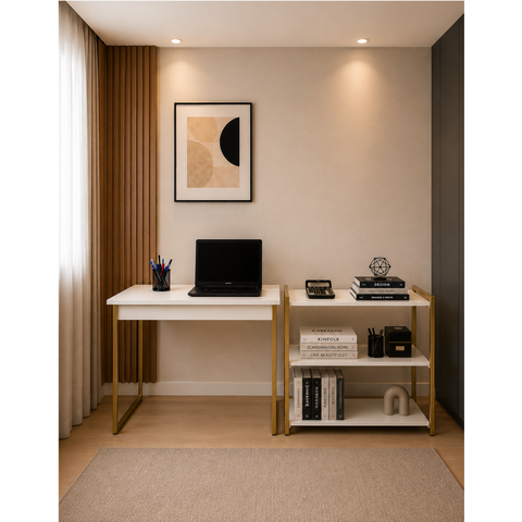 Kit Mesa Home Office 90 cm com Aparador 3 Prateleiras Júlia:Branco Dourado