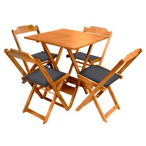 Conjunto de Mesa Dobravel de Madeira 70x70 com 4 Cadeiras Natural Estofado Preto