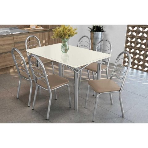 Conjunto: Mesa de Cozinha Elba Tampo Madeirado C/ Vidro 120cm e 6 Cadeiras Holanda Cromada/off White