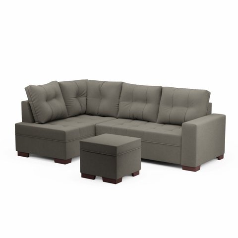 Sofá de Canto 6 Lugares com Puff 238cm Suede Cinza 