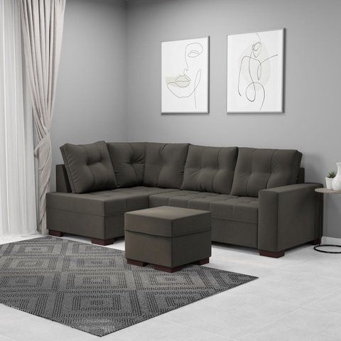 Sofá de Canto 6 Lugares com Puff 238cm Suede Cinza 