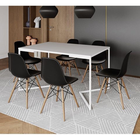 Mesa Jantar Industrial Retangular Branca 137X90Cm Base V Ferro Branco C/6 Cadeiras Preta Mad Branco