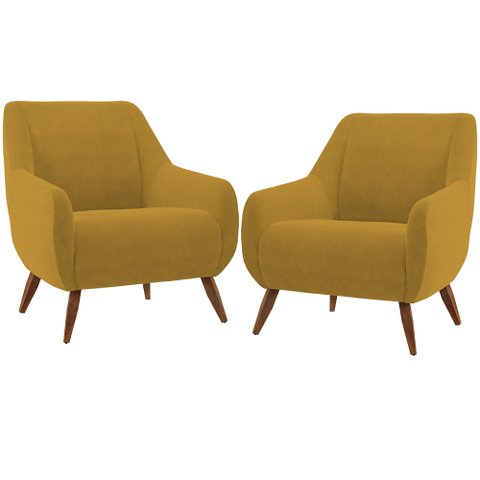 Kit 02 Poltronas Decorativa Fixa Pés de Madeira Paloma D02 Veludo Mostarda B-260 - Lyam Decor