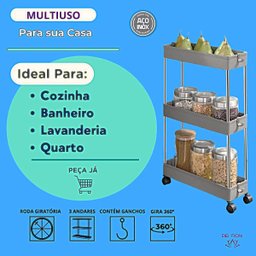 Prateleira Multiuso 3 Andares Estante Rodinhas Facil Montar Cor:cinza - 3