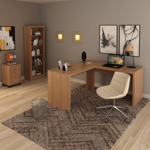 Conjunto 3 Peças com 1 Mesa em L 1 Estante 1 Gaveteiro Espresso Móveis Marrom