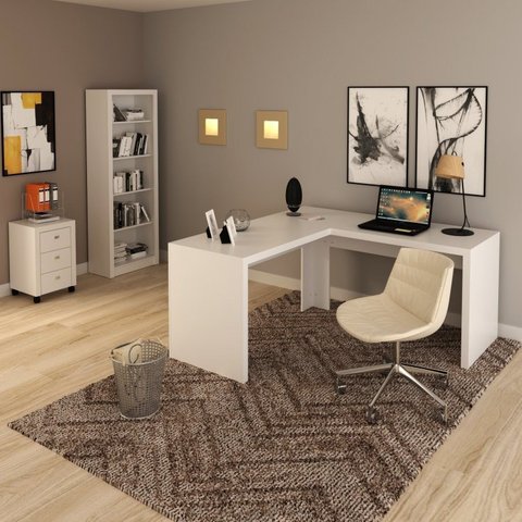 Conjunto 3 Peças com 1 Mesa em L 1 Estante 1 Gaveteiro Espresso Móveis Branco