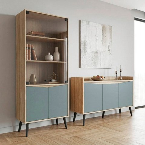 Conjunto Buffet Aparador 130cm e Cristaleira Cinza/Amendoa/Acqua