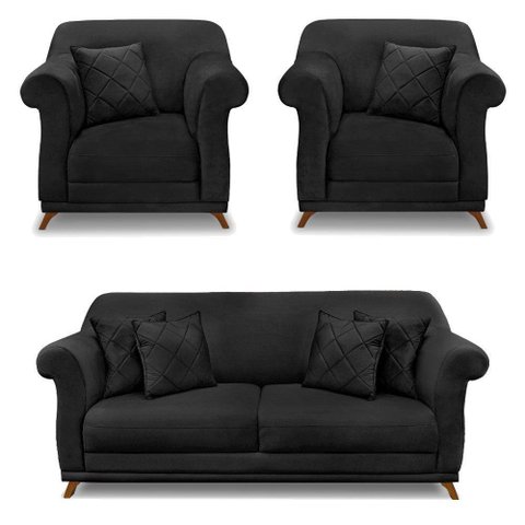 Kit 2 Poltronas E Sofá 2 Lugares 1,60m Veludo Preto