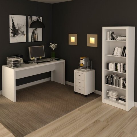 Conjunto 3 Peças com 1 Mesa para Escritório 1 Estante 1 Gaveteiro Espresso Móveis Branco