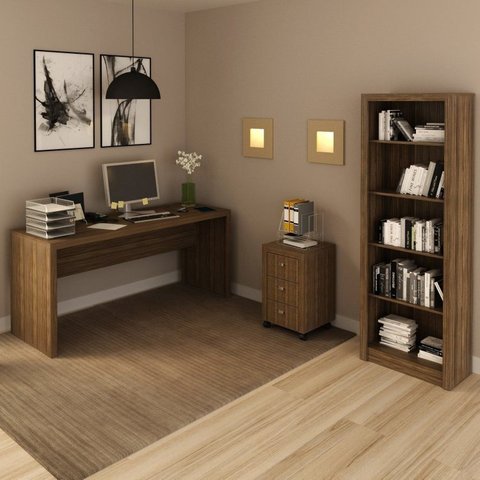 Conjunto 3 Peças com 1 Mesa para Escritório 1 Estante 1 Gaveteiro Espresso Móveis Marrom