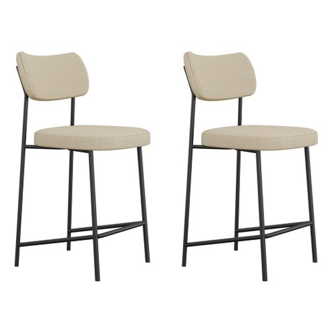 Kit 02 Banquetas Médias para Cozinha Lila Estofada com Encosto Linho Bege - Abmaza