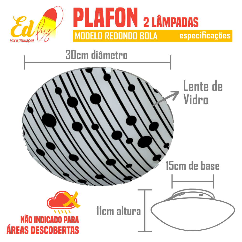 Plafon Sobrepor Sala Quarto Redondo 2 Lp 30cm Bolinha Preto - 2