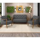 Ver imagem 2 de Kit Sofá 02 Lugares Sala Estar 135cm com 02 Poltronas Coral Pés Madeira M03 Linho Chumbo - Lyam