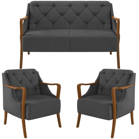 Kit Sofá 02 Lugares Sala Estar 135cm com 02 Poltronas Coral Pés Madeira M03 Linho Chumbo - Lyam