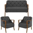 Ver imagem 1 de Kit Sofá 02 Lugares Sala Estar 135cm com 02 Poltronas Coral Pés Madeira M03 Linho Chumbo - Lyam