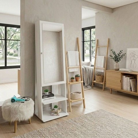 Espelho de Chão Grande Retângular 175x49cm 2 Prateleiras Porta Acessórios Retrô PE2024 Branco