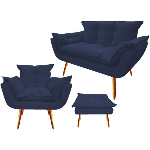 Kit Namoradeira + 1 Poltrona + 1 Puff Decorativo Opala Suede Azul Marinho Pés Madeira Ms Decor