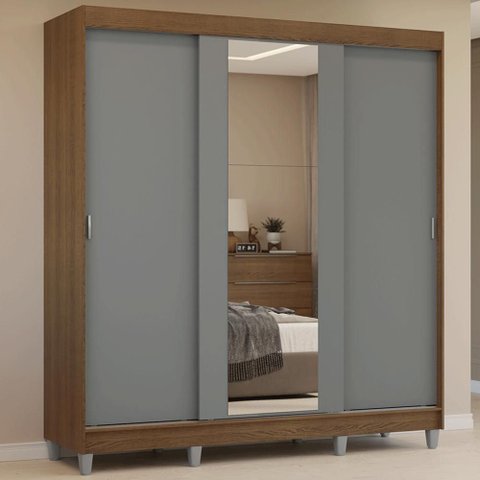 Guarda-Roupa Casal com Pés 3 Portas de Correr com Espelho Reno Madesa