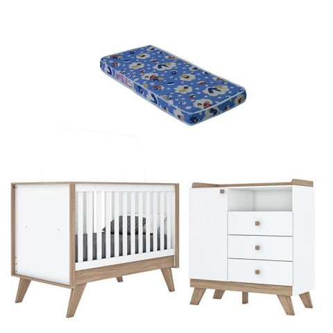 Berço Americano e Cômoda Infantil Confete Branco Brilho Jequitibá Hp com Colchão Ortobom - Henn