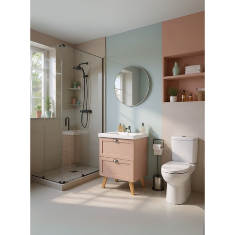 Gabinete para Banheiro com Cuba e Espelho Redondo 60cm Retro Mdf Rosa Milano - On Móveis