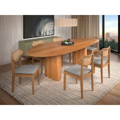 Sala de Jantar Florença 200cm com 6 Cadeiras Madeira Maciça Viena Linho Prata