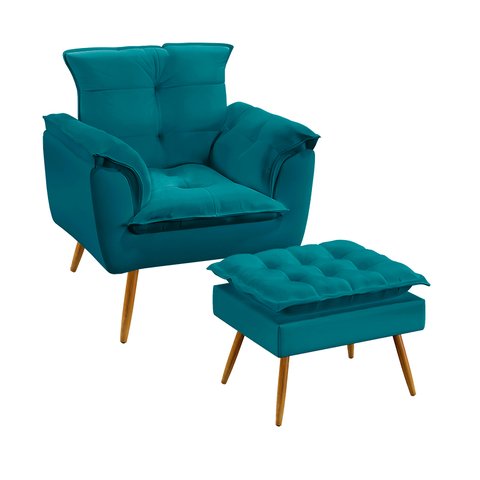 Poltrona Beta com Puff Lunar Suede Azul Turquesa Aradecor
