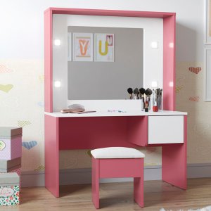 Penteadeira Infantil Diana Led e Banqueta Branco Rosa