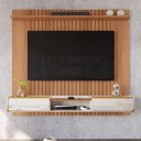 Ver imagem 2 de Painel Ripado Atlas - Mdf 1 Prateleira, Espaço para Tv até 70" Jequitiba-off White - Lukaliam Mó